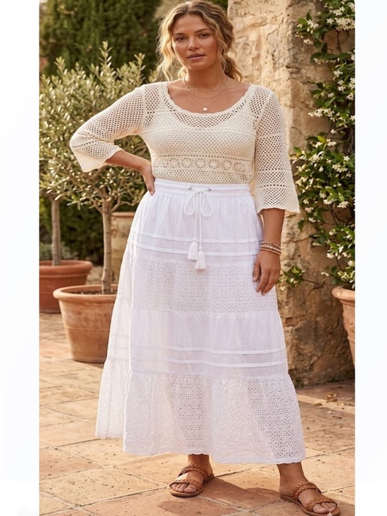 Jessica London Dresses & Skirts - Jessica London White Tiered Eyelet Maxi Skirt with Tassel Drawstring